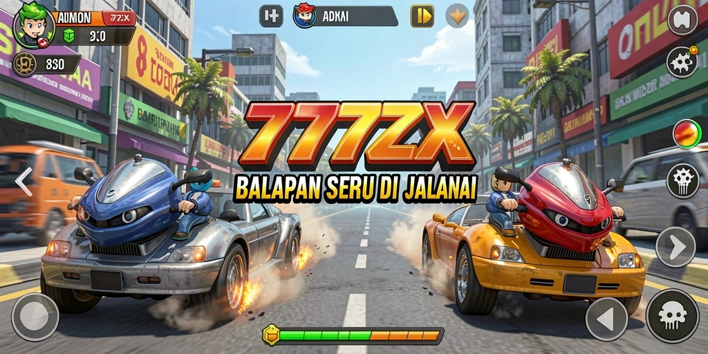 Tampilan gameplay balapan seru di 777ZX dengan mobil yang melaju cepat.