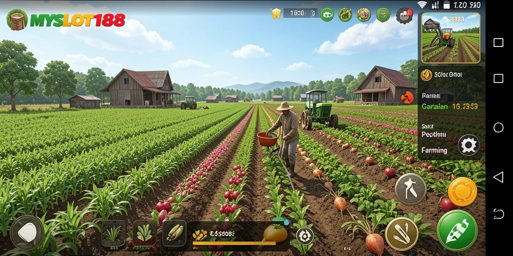 Tangkapan layar gameplay MYSLOT188 yang menunjukkan ladang hijau subur.