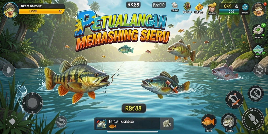 Tampilan utama gameplay RK88 dengan aksi memancing yang seru.